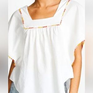Madewell Square Neck White Blouse Pom-Pom Butterfly Top - Medium -